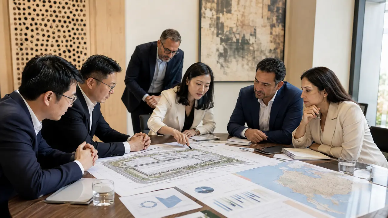 Équipe internationale évaluant une stratégie d’implantation industrielle autour de plans et de cartes logistiques